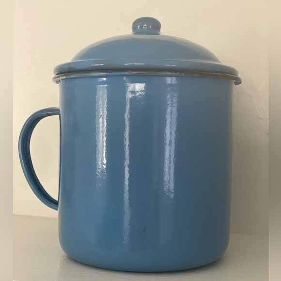 Vintage large enamelware mug with lid camping soup mug graniteware French blue - Picture 3 of 14